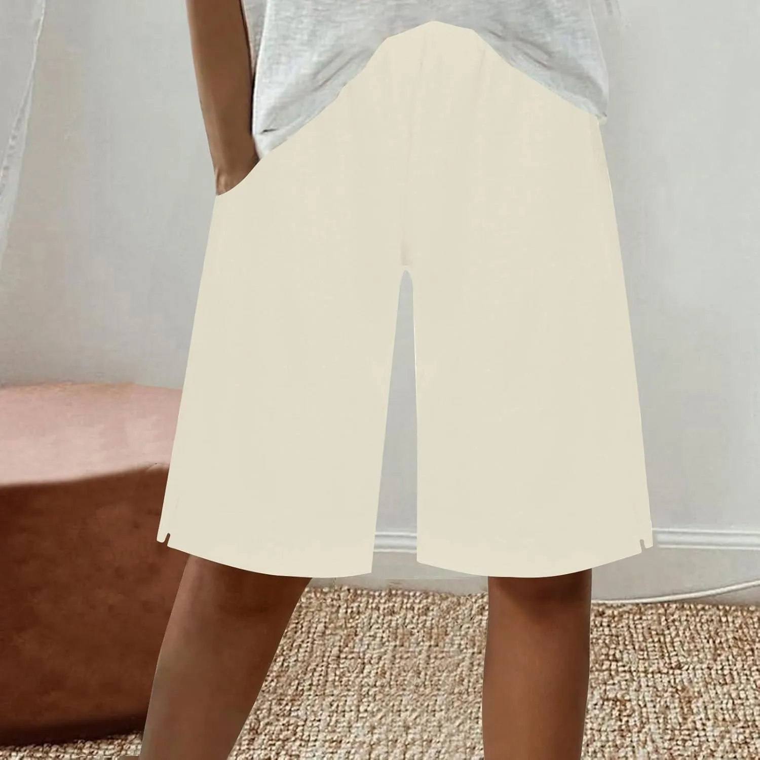 Women's Linen Bermuda Shorts Loose Fit Elastic Waist Drawstring Wide Leg Shorts Summer Casual Beach Outfits with Pocket