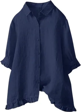 Womens Linen Shirts V Neck Button Blouse Collar Soft Tee Top Short Sleeve Loose Fit T-Shirts