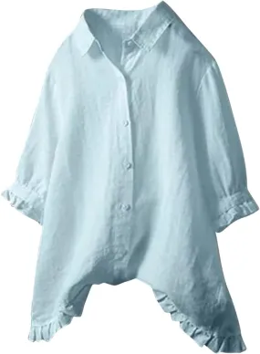 Womens Linen Shirts V Neck Button Blouse Collar Soft Tee Top Short Sleeve Loose Fit T-Shirts
