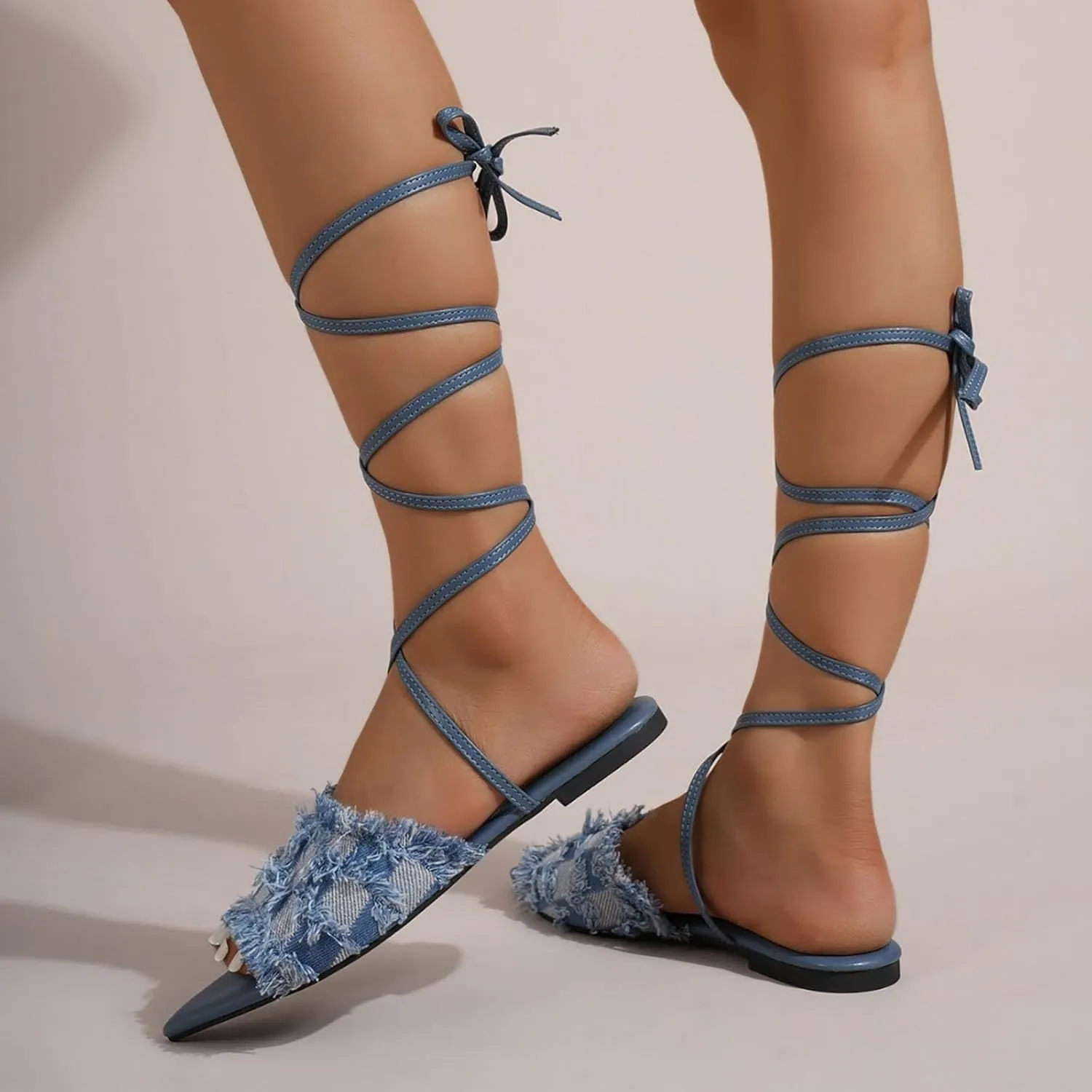 Women's Pointed Toe Denim Strappy Sandals,Cute Tassels Checkered Jean Flat Gladiator Slippers Sandals