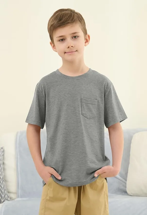 ZDC Boys Short Sleeve T Shirts Kids Summer Crewneck Tops Basic Tees with Pockets 5-14 Years